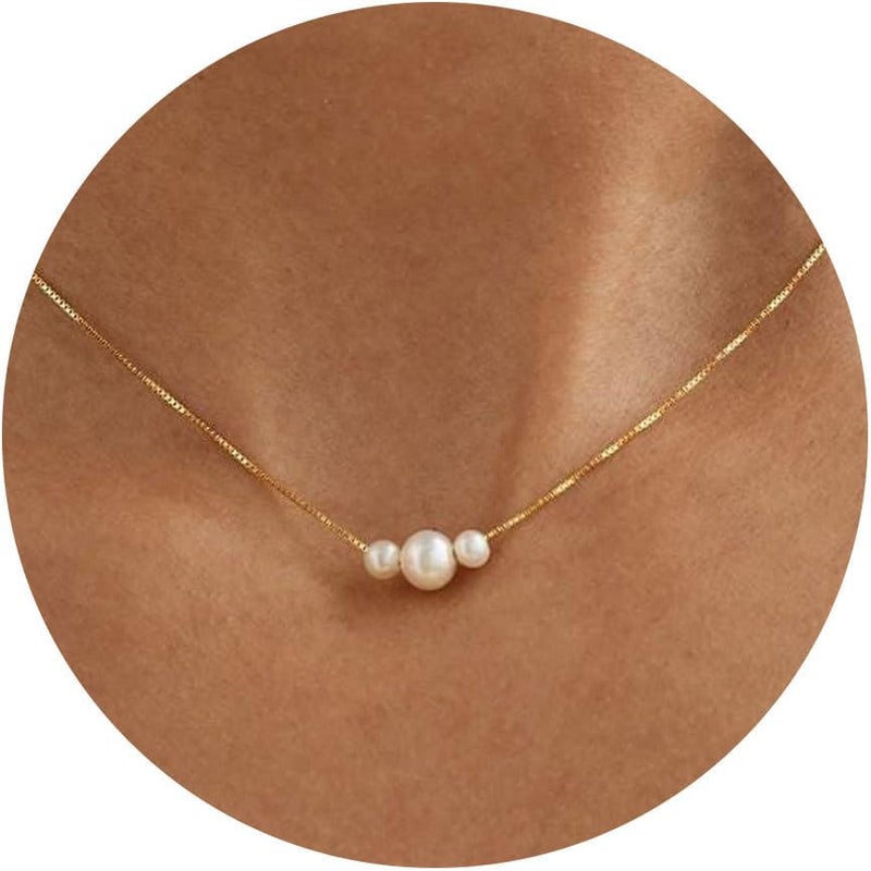 VRIUA Pearl Necklaces for Women - 14k Gold Plated Dainty Pearl Necklace with CZ Diamond Minimalist Wedding Bridal Jewelry Gift for Her - Image 1